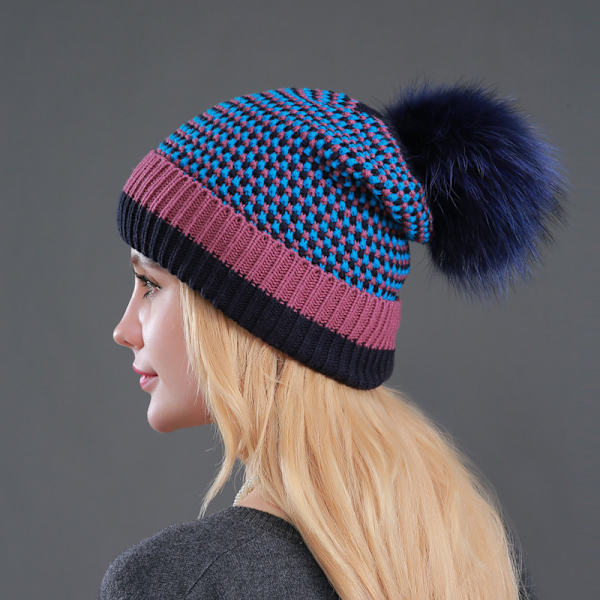 Vinterstrikket Allround Vinter Pels Hue Varm med Fløjl Dame Uldhue Ægte Vaskebjørn Læder Stråbold Bold Hue Black natural ball