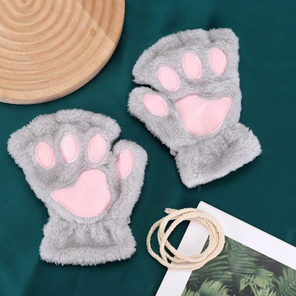 Kawaii Katt Handskar för Kvinnor Mode Flickor Katt Klo Tass Plysch Vantar Varma Mjuka Plysch Korta Fingerlösa Halvfinger Vinterhandskar Gray One Size