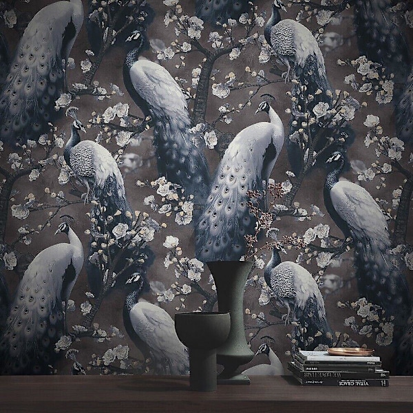 Erismann Peacock Sort Tapet