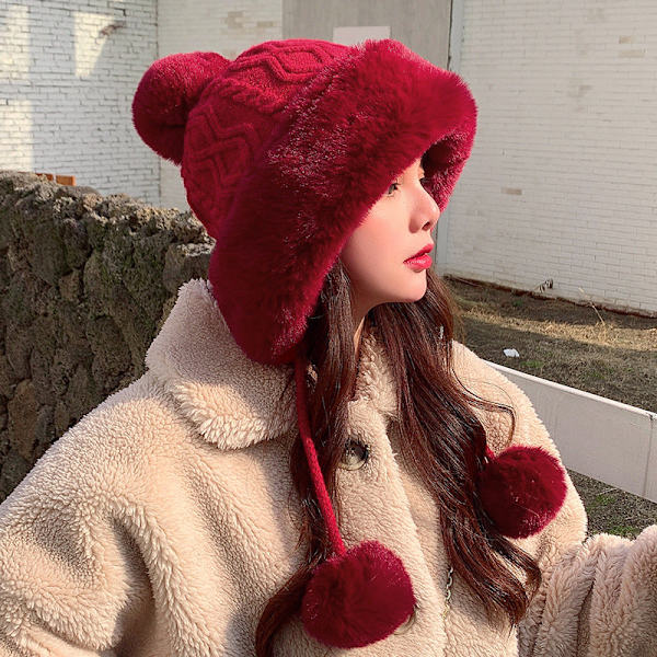 Hue Cap Fleece-foret Fortykkede Pelskugle Ensfarvet Pels Strikkede Øreklapper Varm Hue Pink Average size