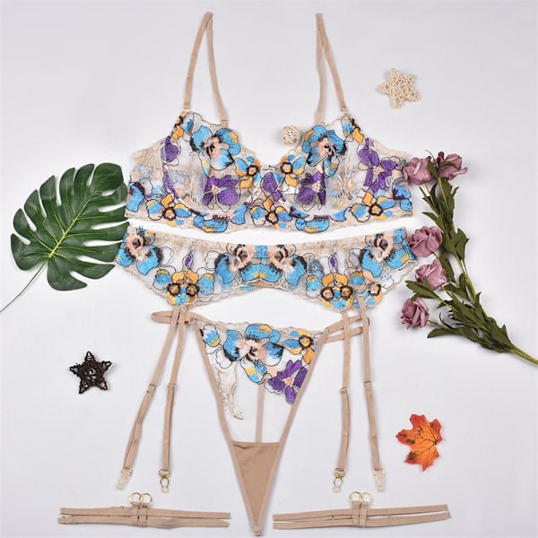 Aduloty Utsökt Broderade Blommor Sexiga Erotiska Underkläder Perspektiv Transparent BH Samla Frestelse Kvinnor Underkläder Fem Delar Khaki M