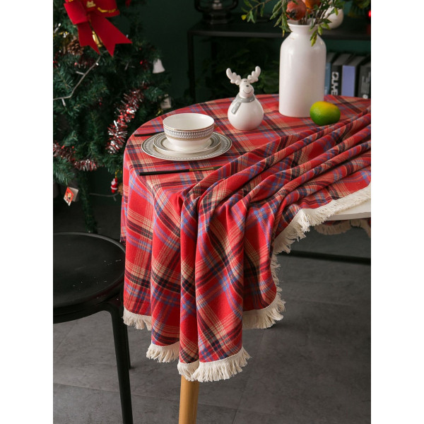 Gerring Joulupöytäliina Kahvipöydälle Lankavärjätty Ruudullinen Juhla Häät Deco Pöytäliina Amerikkalainen Pyöreä Tupsu Pöytäliina Juhliin Red 90x90cm