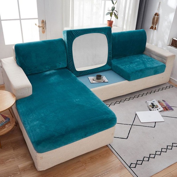 1/2/3-paikkainen Yksivärinen Paksu Sametti Joustava Sohvan Suojus Istuinpäällinen Tyynynpäällinen Lake blue 1 Seater