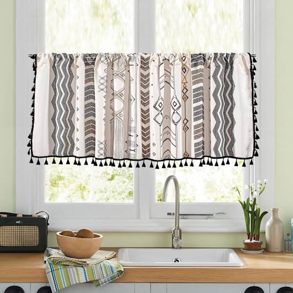 Geometrisk Blomsterprintet Gardiner til Stue Vask Støvtæt Gardiner Valance Køkkenskab Dør Cafe Vinduesgardiner C W150x H60 CM