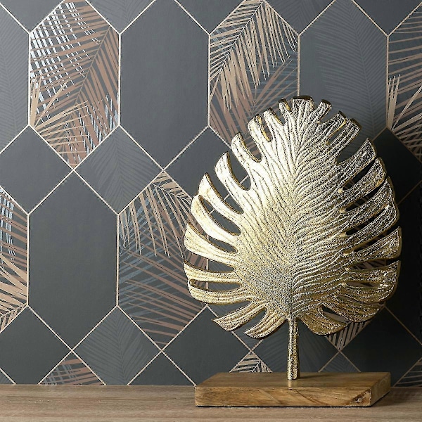 Miami Geometrisk Tapet med Lövmotiv Fine Decor Kolgrå/Koppar Charcoal/Copper