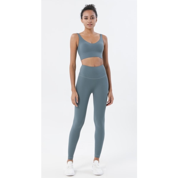 Yoga Set Sports Suit Kvinnor Lounge Wear Crop Toppar och Leggings Dark Gray   Navy M