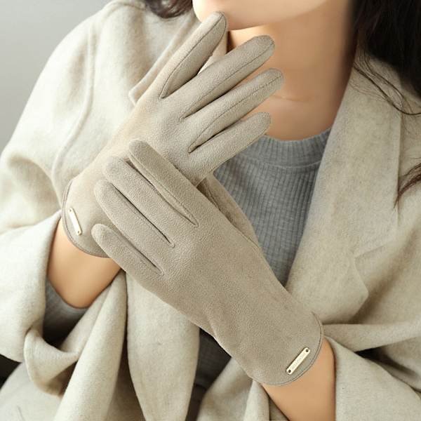 Nye høst- og vinterhansker i semsket skinn for kvinner, holder varmen, tynt fleecefôr, ikke oppblåst, lekkende fingre, clamshell, sykling, mote, elegante hansker Grey One Size