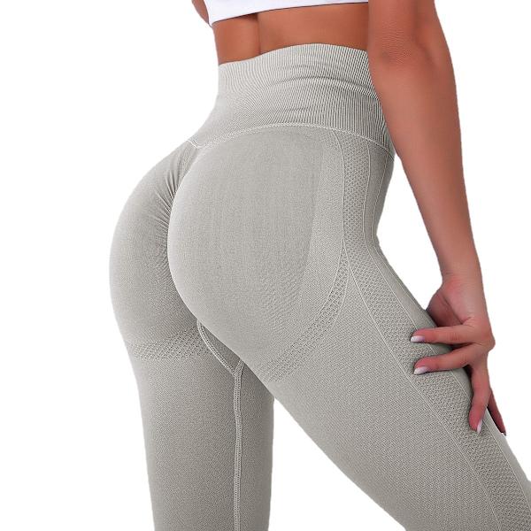 Europeiska och amerikanska sömlösa stickade sexiga rumplyftande andningsbara smiley-ansikte yogabyxor sport löpning fitnessbyxor för kvinnor 6231 trousers-Champagne M