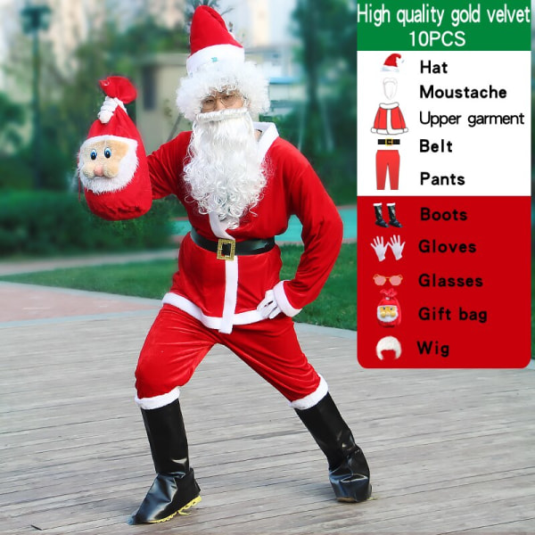 Julemandskostume mænd hat bælte skæg gavepose cosplay sød sjov polyester materiale ny stil Hvid og rød 9PCS-C XXXL