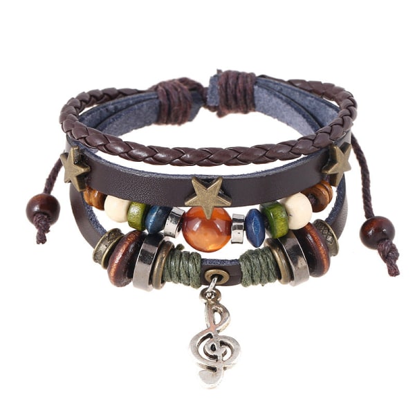 Pärlförsett Äkta Läder Retro Armband Legering Not Nötskinn Armband Black