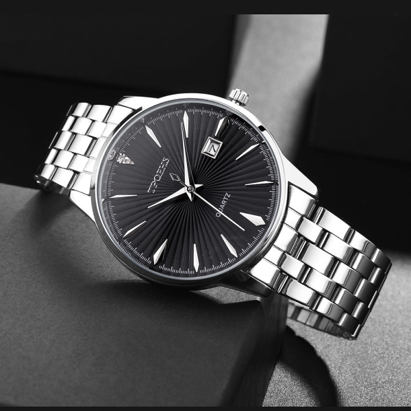 Merke Vanntett Herreklokke Stålreim Quartz Klokke Tik Tok Live Stream Kalender Business Herreklokke Silver Case black noodles