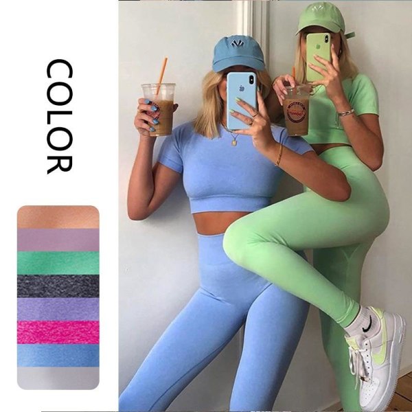 Yoga Gym Set Toppar T-shirt BH Leggings Sportset för Kvinnor 4pcs Green Set L