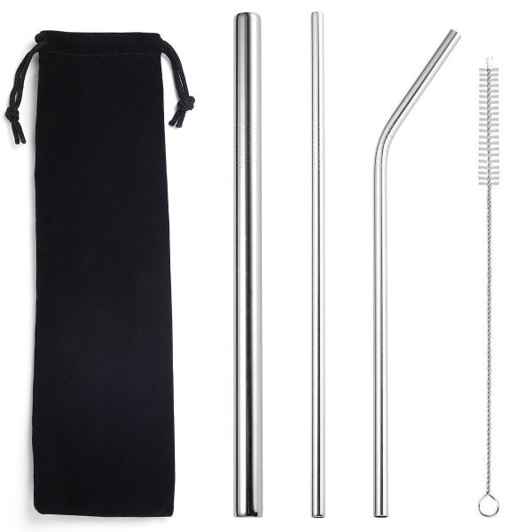 Populärt Bordsservis Livsmedelsgodkänd Miljöskydd Rostfritt Stål Sugrör Drick Mjölk Te Metall Sugrör 3 Set Silver 3 straw 1 brush/black bag