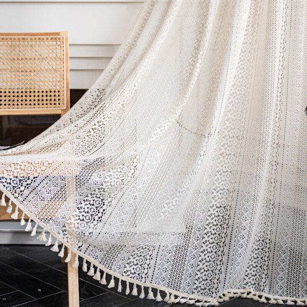 Boho ensfarget vindusgardin i bomullslin med dusker, blendingskappe for luksuriøs stuegardin 2 W150 cm X H280 cm