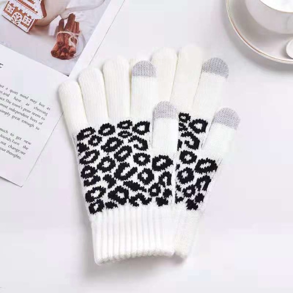 Fashion Leopard Cashmere Tykke Varme Handsker Til Kvinder Strikkede Voksne Vinter Casual Handsker Touch Screen Fingre Fortykning Handsker Khaki One Size