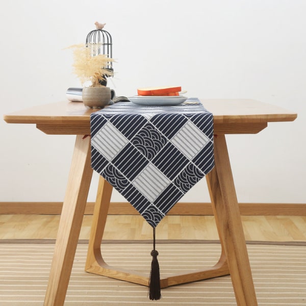 Bordløper i japansk stil, bomull og lin, rutete teppe, Zen-lin, retro japansk duk, tallerkenmatte, duk Wind Circle. Table runner 33*140cm