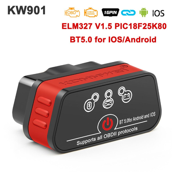 KONNWEI KW901 ELM327 V1.5 PIC18f25k80 Bluetooth 5.0 OBD2 -skanneri ELM 327 V1 5 Auto OBD 2 Auton diagnostiikkatyökalut PK Vgate iCar2 KW901 BT5.0 Orange V1.5 PIC18f25k80
