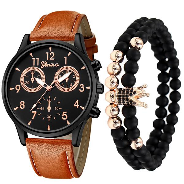 Herr Mode Kreativ Falsk Tre-Ögon Bälte Quartz Klocka Armband Set All black suit