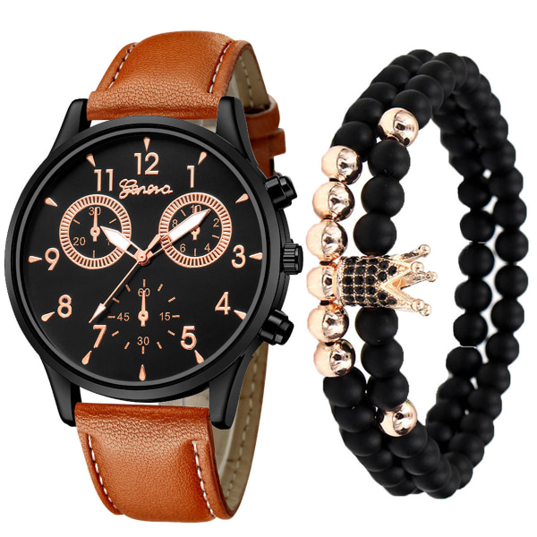 Mote Herre Kreativt Falskt Tre-Øye Belte Quartz Klokke Armbånd Sett Brown suit