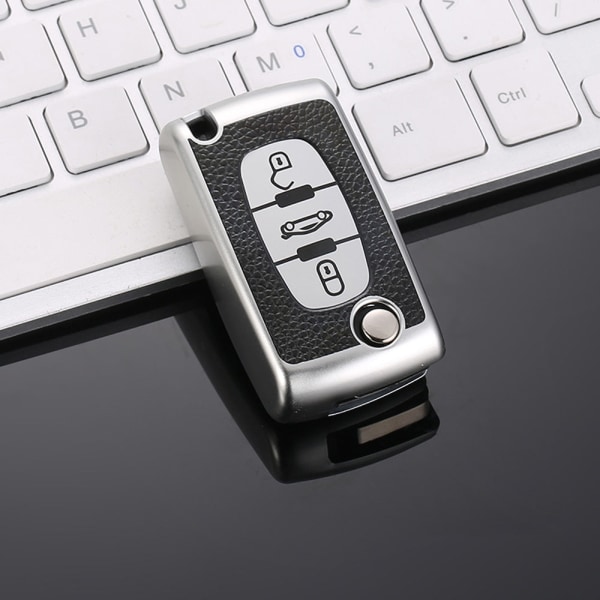 TPU Læder 2/3 Knapper Bil Fjernbetjening Nøgle Etui Cover til Citroen C2 C3 C4 C5 C6 C8 til Peugeot 107 207 307 307S 308 407 607 3button silver