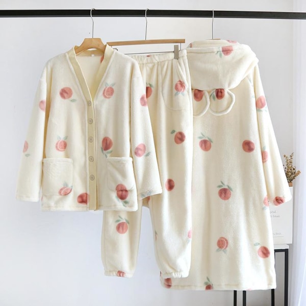 Flanell Pyjamas Vinter Tjock och Sammet Dam Persika Koreansk Version Set Kofta Höst och Vinter Coral Fleece Loungewear Short L