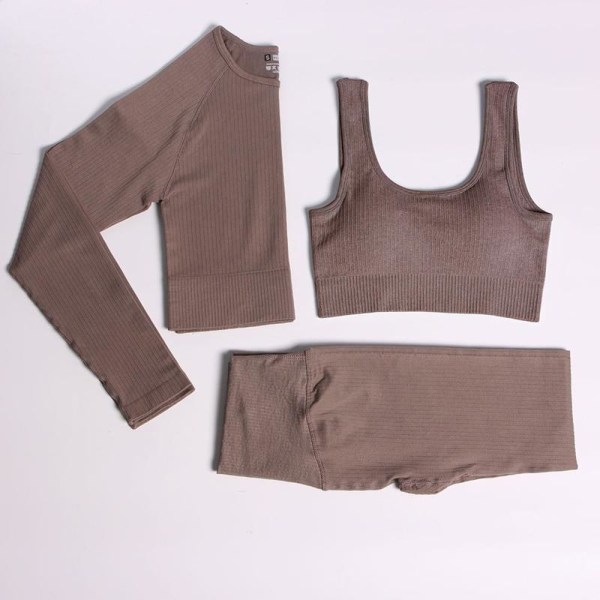 Set Kvinnor Gym Kläder Kvinnliga Yogabyxor med hög midja Träningsoverall Kvinnor Fitness Kläder Bra Pants Brown S