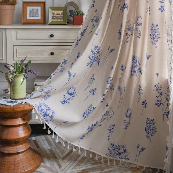 Blomsterprint Gardin Sort Kvast Pastoralt Køkkengardin Blue Bee-wear Rod 150*160