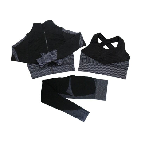 Yogaset Långärmad skjorta+sport-bh+sömlösa leggings Träning Löpkläder Gymkläder 2pcs Bra Suits Black L