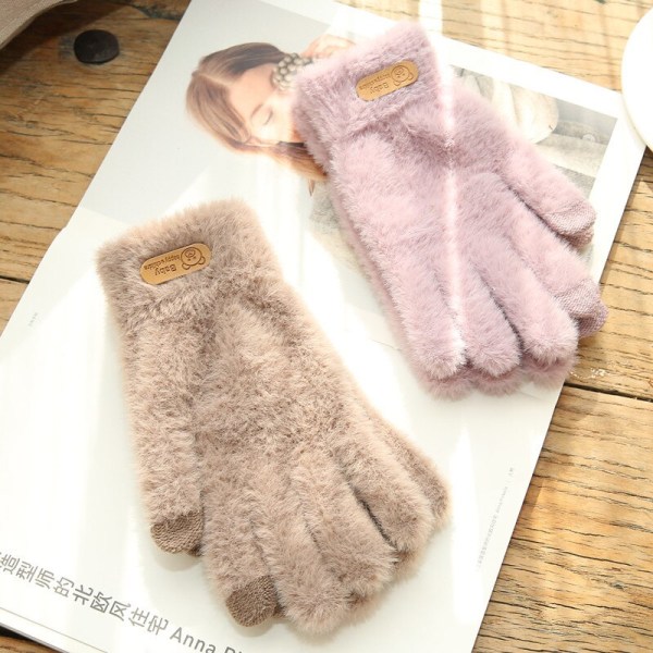 Stickade handskar Vinter Varma Tjocka Pekskärmshandskar Päls Handskar Enfärgade Vantar för Mobiltelefon Surfplatta Dam Cashmere Ullhandske Beige one size