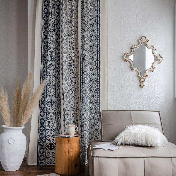 Boho Blå Gardiner Set Fönster Japansk Heminredning Bomull Linne Gardin för Vardagsrum Sovrum Kök Halvgenomskinlig Drapering A W150xL200cm