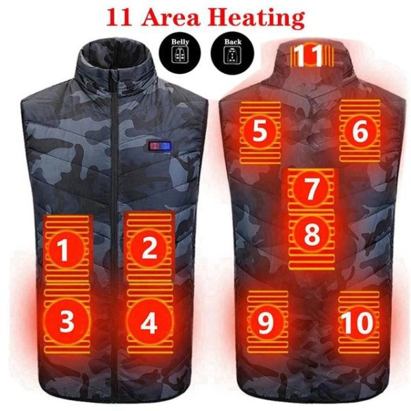 USB Infraröd Värmeväst för Män med 11 Värmezoner, Vinter Elektrisk Uppvärmd Väst för Sport Vandring, Överdimensionerad 5XL 11 Camouflage 4XL