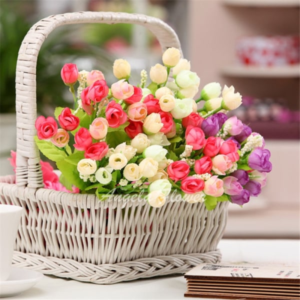 Höst 15 Huvuden/Bukett Små Knopprosor Högblad Konstgjord Blomma Sidenros DIY Bröllop Hem Juldekor Blommor Ros Presenter A White