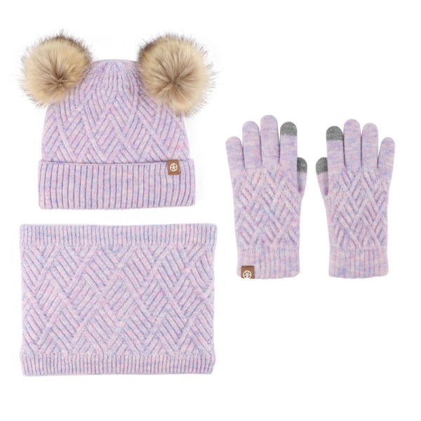 Varm Stickad Mössa Halsduk Handskar Tredelat Set plus Fluffiga Bollar Mössa Tredelat Set Beige three-piece set