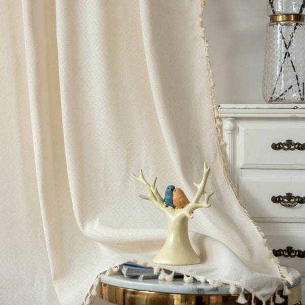 Simpelt bomulds- og linnedgardin stribet kvast stue gardinstang Beige Stripes tassel-hook curtain 150W * 220 high CM