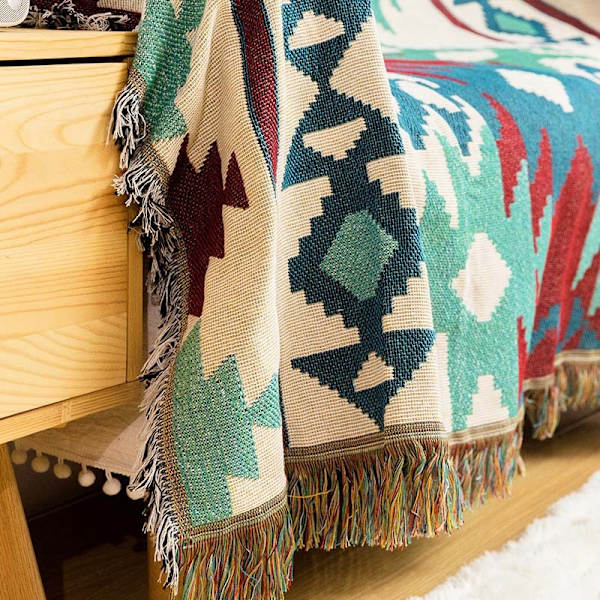 BESTPRO Rutig Stickad Filt med Tofsar Bohemiska Sofffiltar Pläd Filt Sofföverdrag Sängfilt Heminredning 1 130x180cm