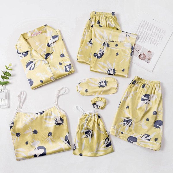 7 st Kvinna Pyjamas Set Nattlinne+Topp+Lång Kort Byx Set Randig Sexig Kvinnlig Pyjamas Yellow XL