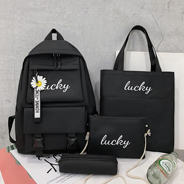 Canvas Piger Mode Skoletaske Stor Kapacitet Studerende Koreansk Rygsæk All-match Multifunktionelt 4-delt Sæt Bolsa Sac A Dos 1 piece black2