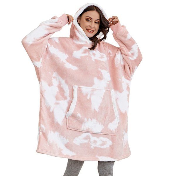 Vinter Oversized Hettegenser Teppe Med Ermer Fleece Genser Rutete Hette Dame Lomme Hettegenser Oversize Mykt Teppe Tie Dye Pink One Size