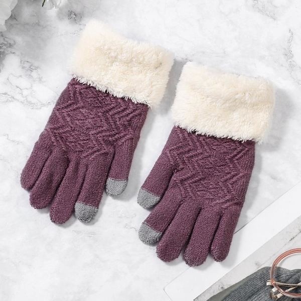 Vinter Dam Stickade Handskar Pekskärm Kvinnliga Handskar Stickade Tjocka Varma Hel Finger Mjuka Stretch Stickade Vantar Dam Guantes Purple Free Size