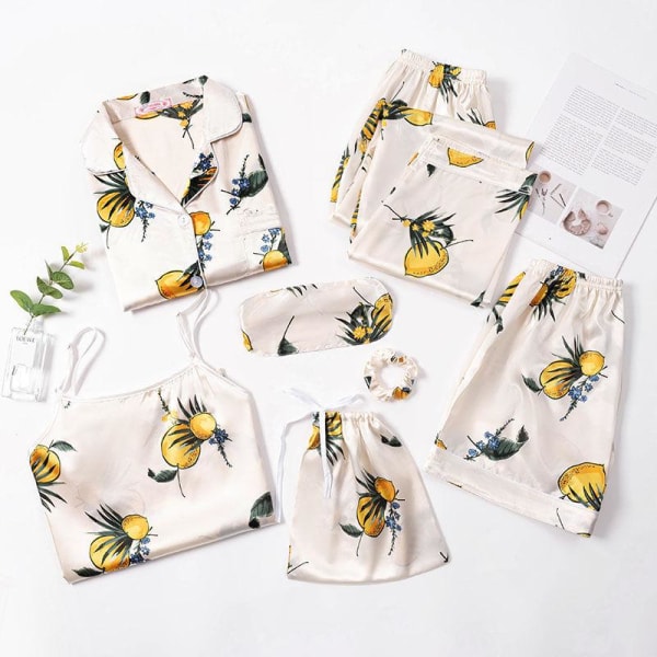 7 Delars Dam Pyjamas Set Nattlinne+Linne+Långa Korta Byxor Set Randig Sexig Kvinnlig Pyjamas White L