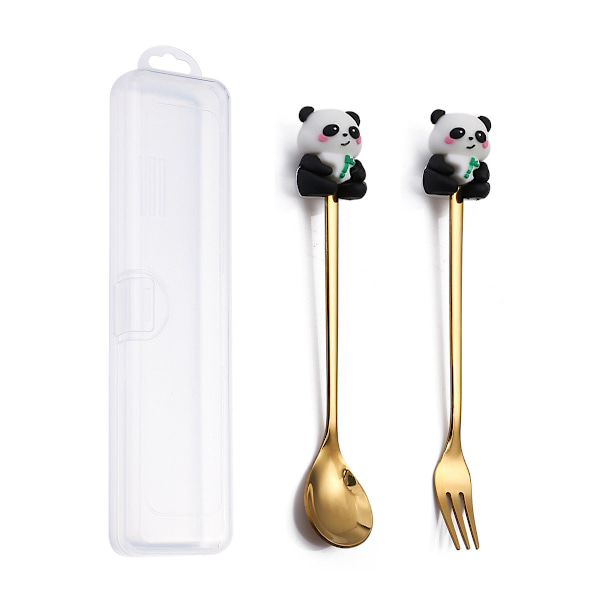 Q Juldessert Gaffel-Sked Set Söt Docka Dessertsked Tecknad Bordsartiklar Fruktgaffel Portabel Kaffesked Panda golden spoon Fork storage box
