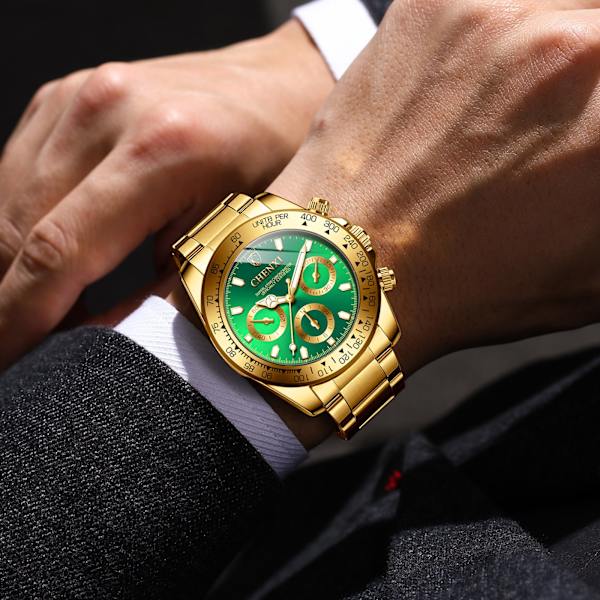 Herreur Business Ur Lysende Vandtæt Quartz Ur All golden green surface
