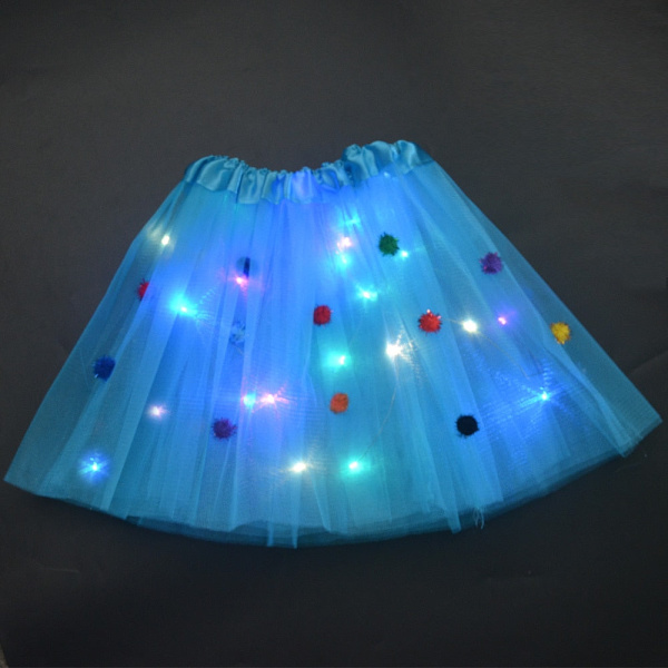 Jente Sommerfugl Lysende Tutu LED Skjørt Glød Blomsterkrans Hodebånd Party Magisk Engel Fe Jul Kostyme Bursdagsgave pompon blue skirt