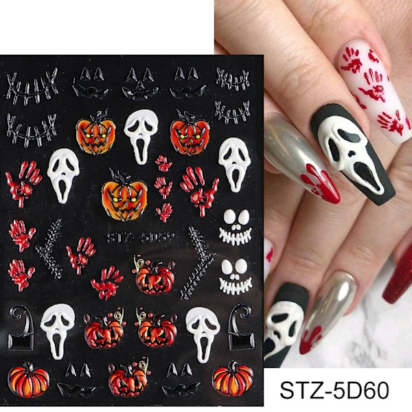 5D Halloween Nageldekaler Spindelväv Skräckögon Ansikte Pumpa Nageldekaler Präglade Designer Sliders Folier Manikyr TRSTZ-5D STZ-5D18