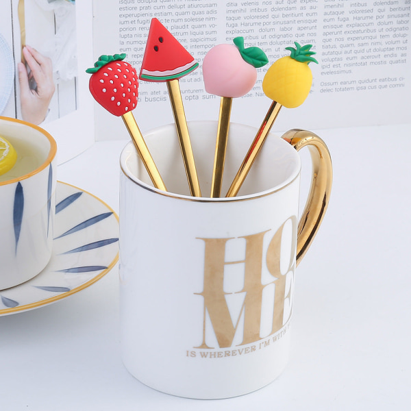 Fruktgaffel Söt Barnservis Vattenmelonsked Docka Tårta Dessertgaffel Rostfritt Stål Kaffesked Strawberry Rabbit golden spoon