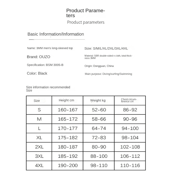 Badedrakt Ouzo Herre Delt Dykkerdrakt Kuldebestandig Varm Topp Bukser Snorkling Surfing Vinterbadeklær Black trousers BKM3005-B 2XL