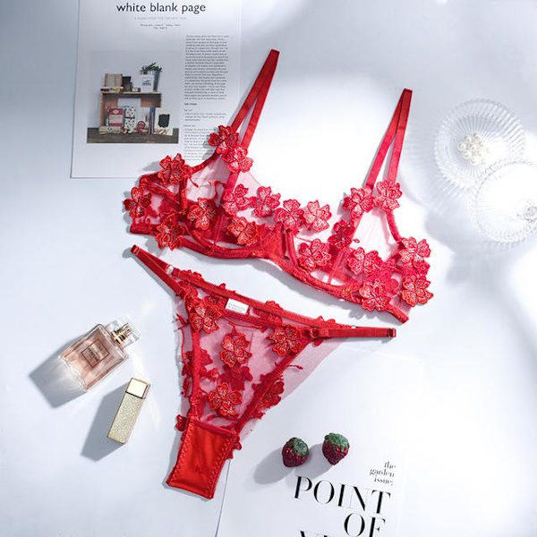 Aduloty 2-delat blommigt set med BH för kvinnor, 13 färger, mesh-BH med bygel + trosor, underklädesset för damer, sexigt set med utskärningar Rose red M