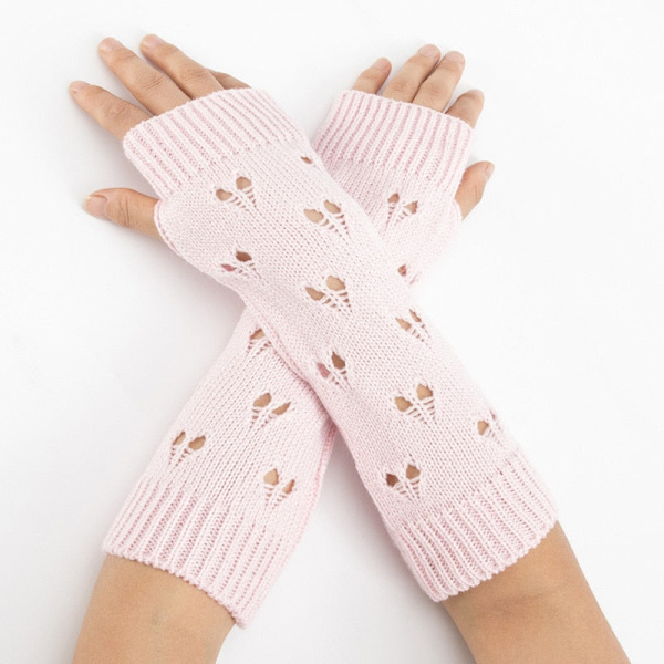 Stickade armvärmare för damer, mode handvärmare, vinterhandskar, virkade armar, ihåliga hjärtvantar, varma fingerlösa handskar Gray One Size