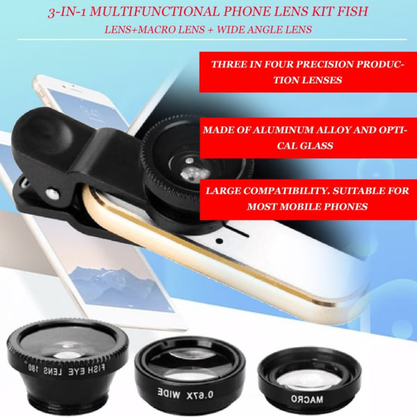 3-i-1 Vidvinkel Makro Fisheye Linse Kamerakit Mobiltelefon Fiskeøye Linser med Klips 0.67x for iPhone Samsung Alle Mobiltelefoner Overseas Red