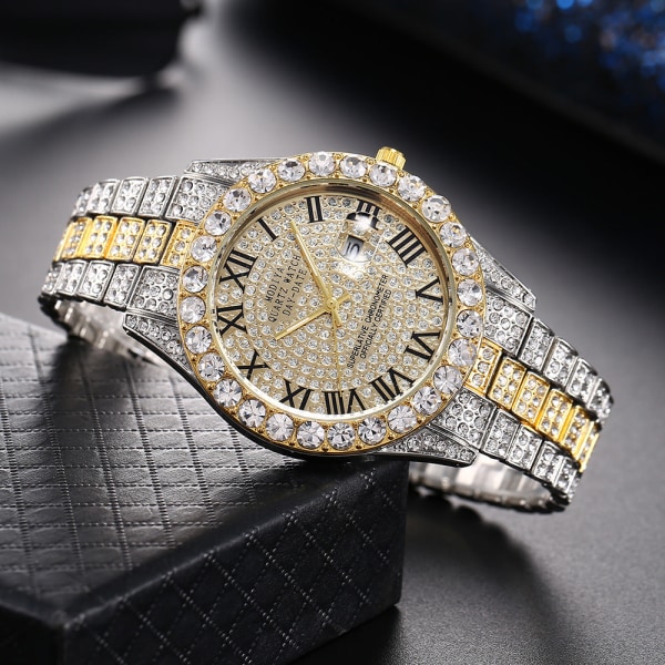 Romersk Skala Stålklokke Herre Kalender Quartz Klokke Stjerne Herreklokke Golden Shell Red